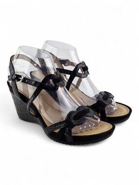 GEOX Respira Women's Black Faux Croc Suede Wedge Sandals 39